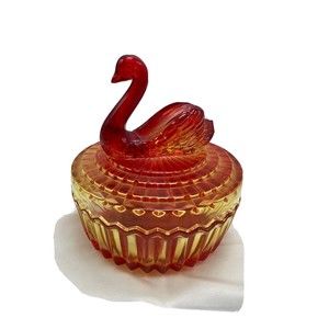 Swan Powder Vanity Candy Bowl Glass Dish Amberina Vintage 1950-1960s